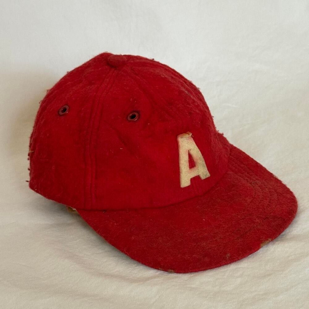 Vtg 1940s/50s Red Wool Baseball Cap Felt Patch Letter "A" Green Brim Distressed